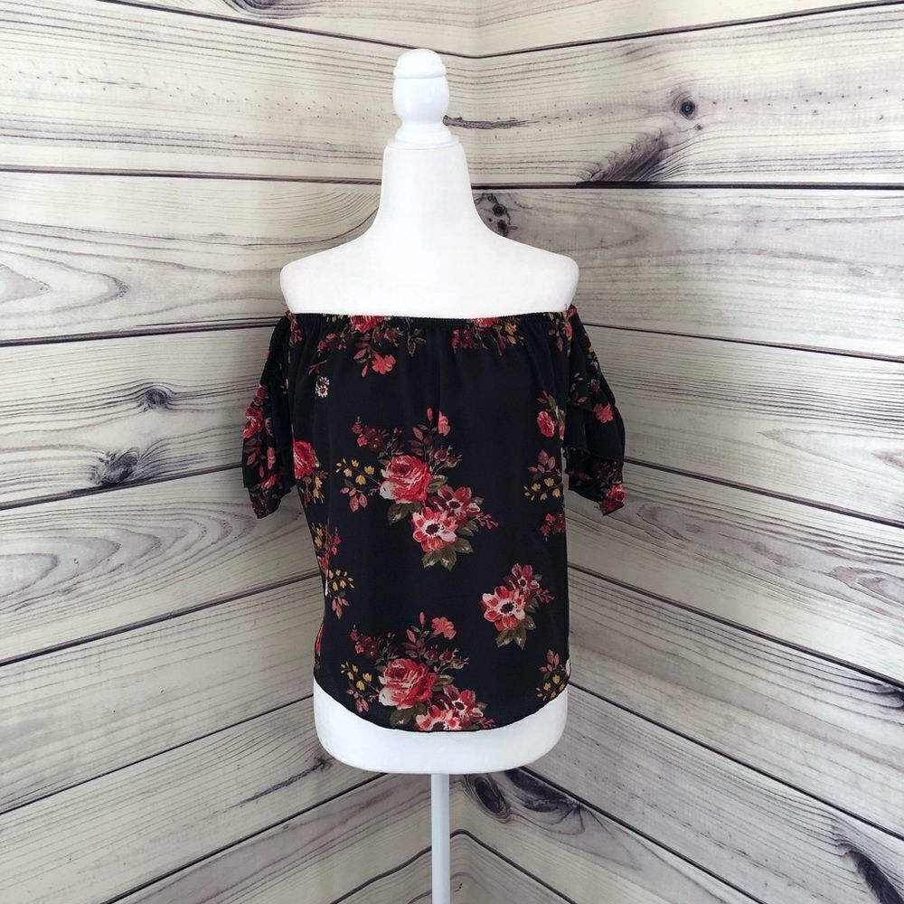 Windsor Black Floral Off The Shoulder Shirt Small